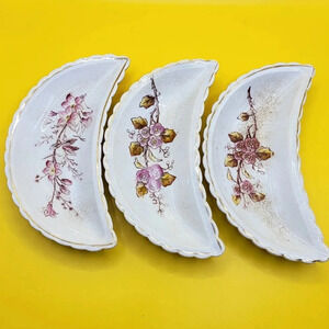 3 Half Moon Crescent Bone Dishes Side Plates Floral Transfer Ware Motif Set